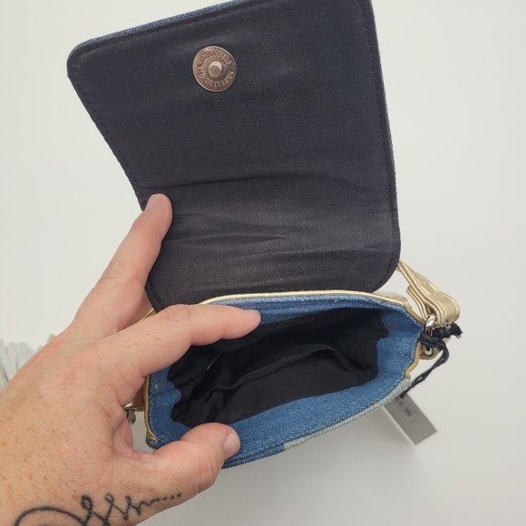 JOSEPH RIBKOFF | patchwork denim & metallic gold tassel mini crossbody purse - Picture 3 of 5